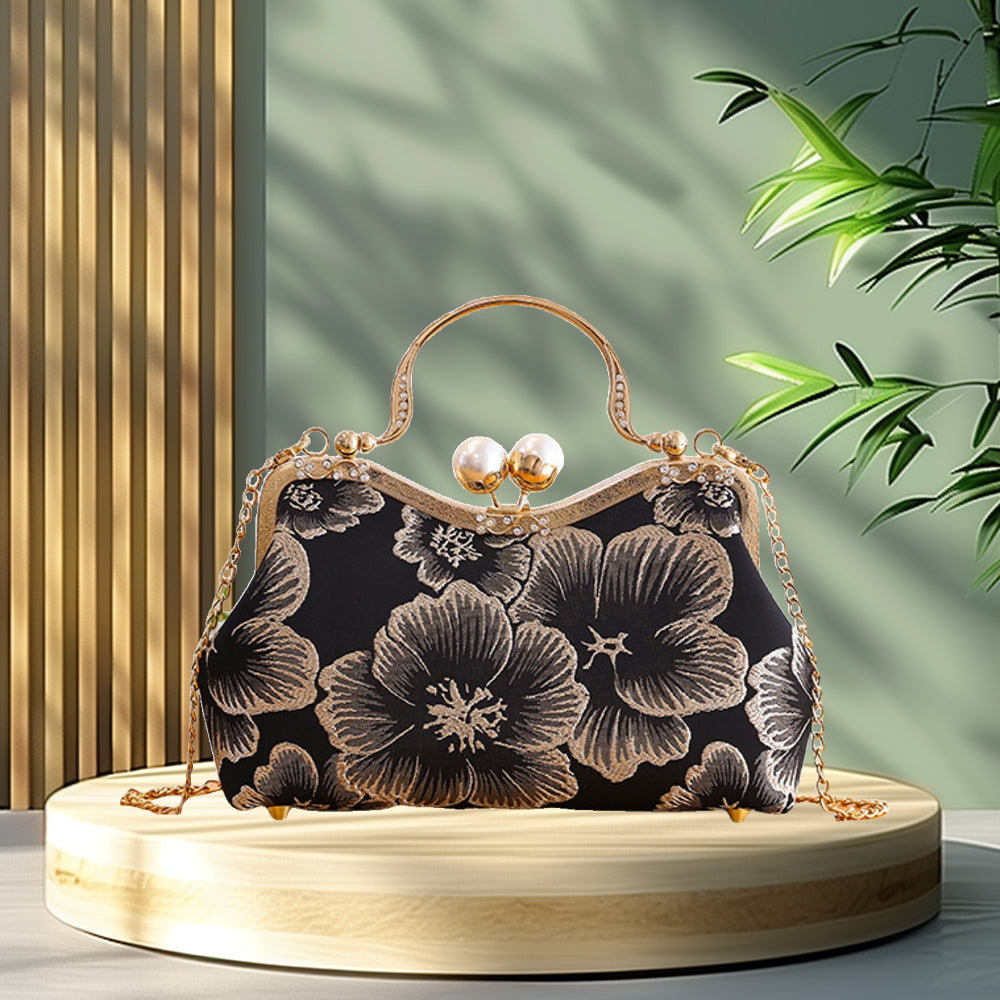 Metalic Frame Embroidered Clutch Handbags